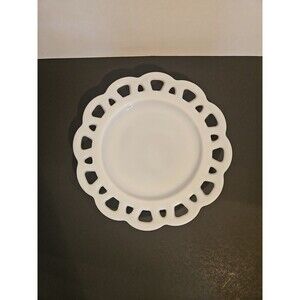 Hazel Atlas Open Lace Edge Salad Plate 8 3/8" Vintage Milk Glass White Opaque
